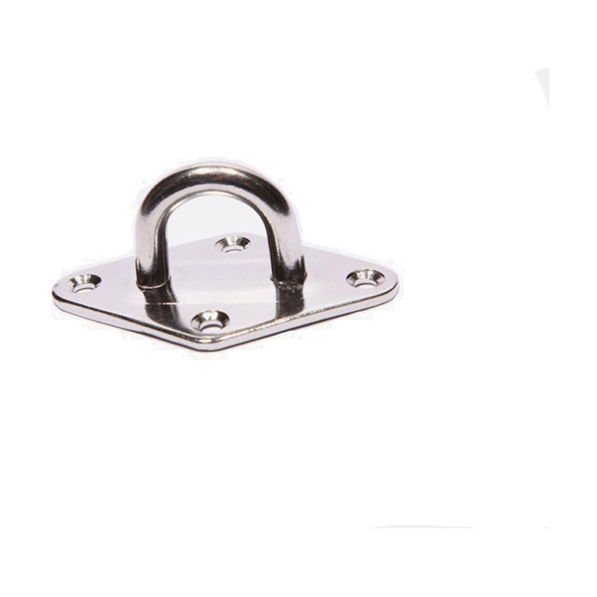 Stainless steel pad eye with square mounting plate, four screw holes, and curved D-shaped loop, shown on a plain white background.
