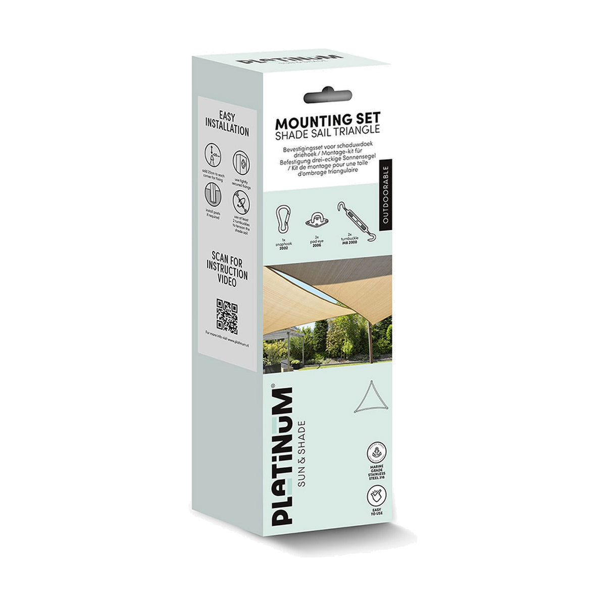 Packaging box for a Mounting Set for Triangle Shade Sails, showing installation icons, included snaphook, eye bolt and turnbuckle, and a lifestyle photo of a beige shade sail.
