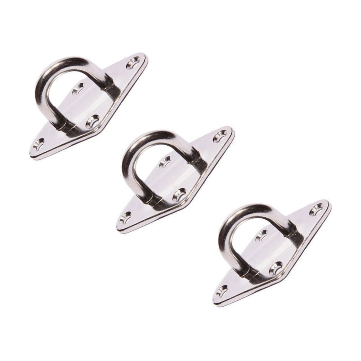Set of three stainless steel triangle shade sail mounting plates with curved D-ring hooks and screw holes, shown on a plain white background.
