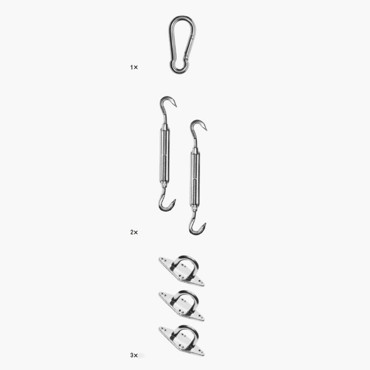 Mounting set for triangle shade sails in stainless steel, showing 1 carabiner clip, 2 turnbuckle hook fasteners, and 3 wall mount brackets with D-rings on a plain white background.