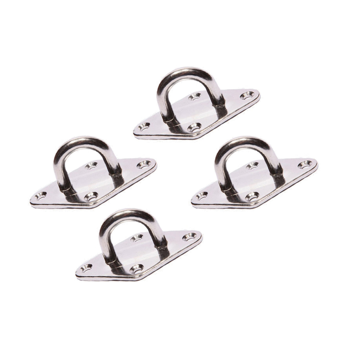 Set of four stainless steel mounting plates with D-shaped hooks and diamond-shaped screw bases for rectangular shade sails, shown on a plain white background.