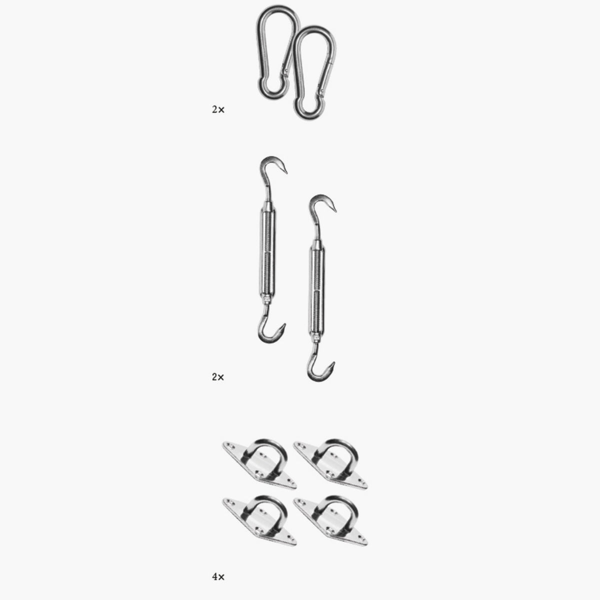Mounting set for rectangular shade sails in stainless steel, showing 2 carabiner hooks, 2 turnbuckles, and 4 wall-mounted D-ring plates on a plain white background.