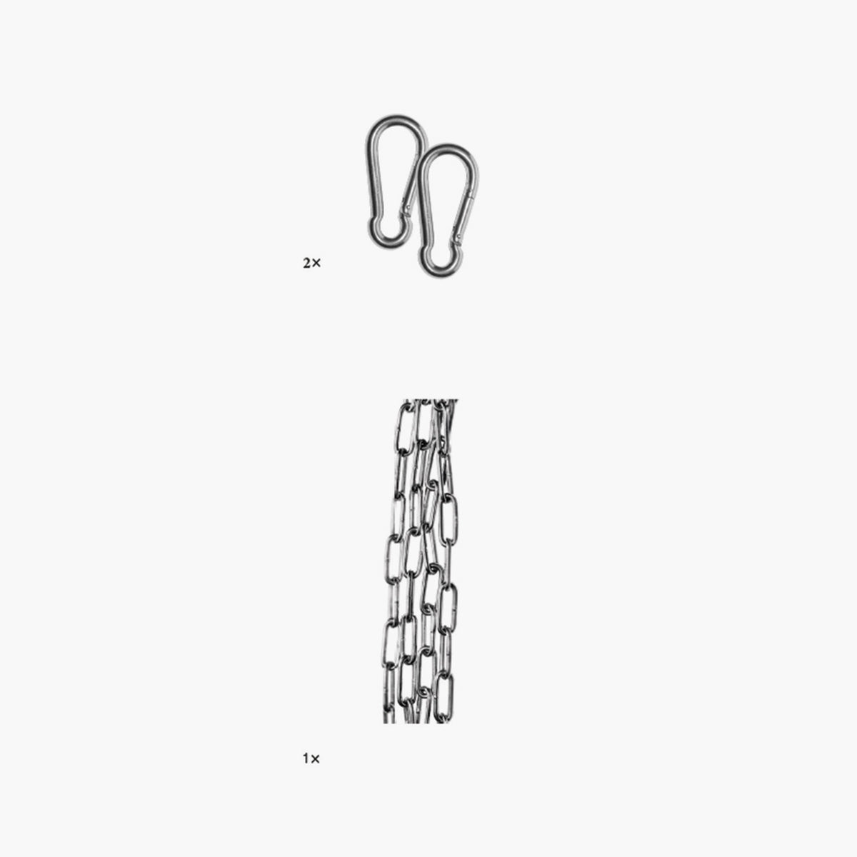 Extension Set for Shade Sails, 26cm, showing two metal carabiner hooks (2×) and a multi-strand steel chain (1×) on a plain white background.