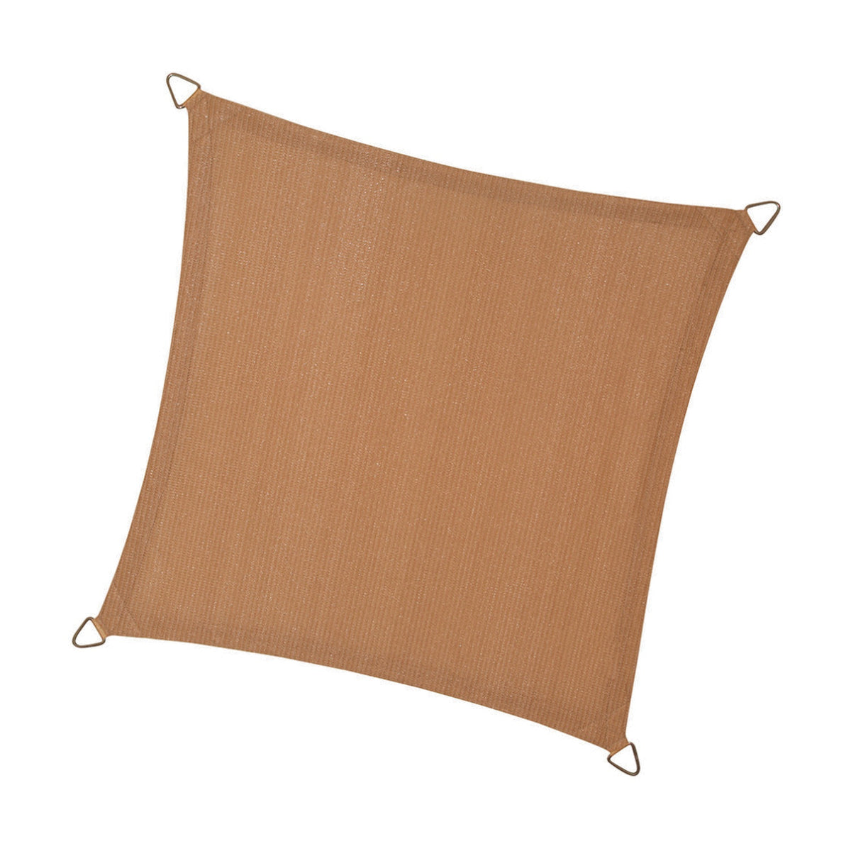 Square Shade Sail in sand-brown woven fabric with reinforced corners and metal fixing rings, shown on a plain white background.