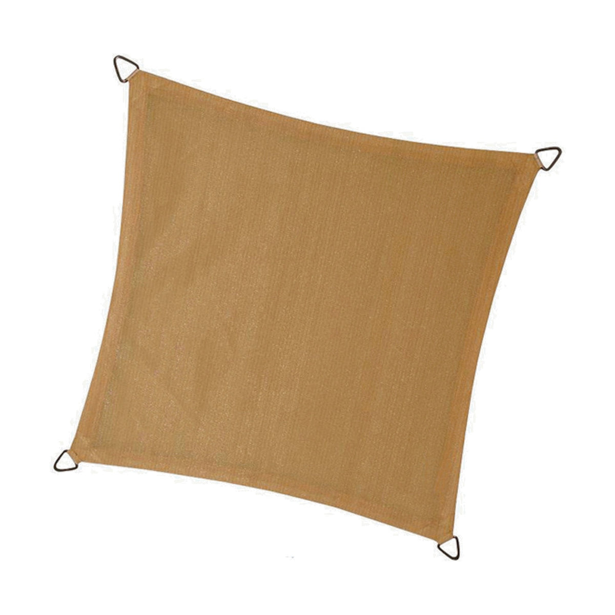 Square Shade Sail in sand, fabric material with reinforced corner rings and triangular metal fittings at each point, shown on a plain white background.