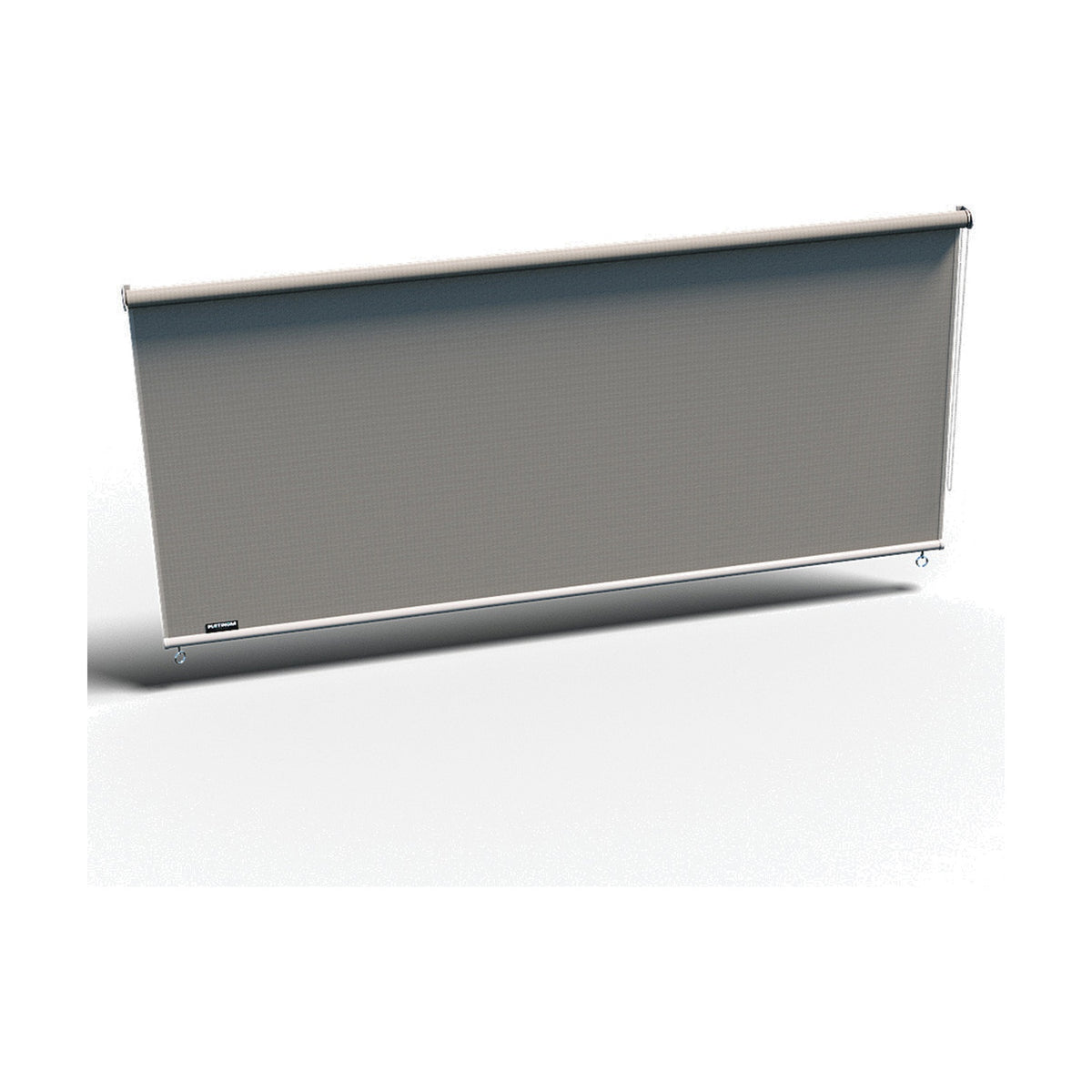 Grey outdoor roller blind with aluminium side rails and bottom bar, shown fully extended on a plain white background.