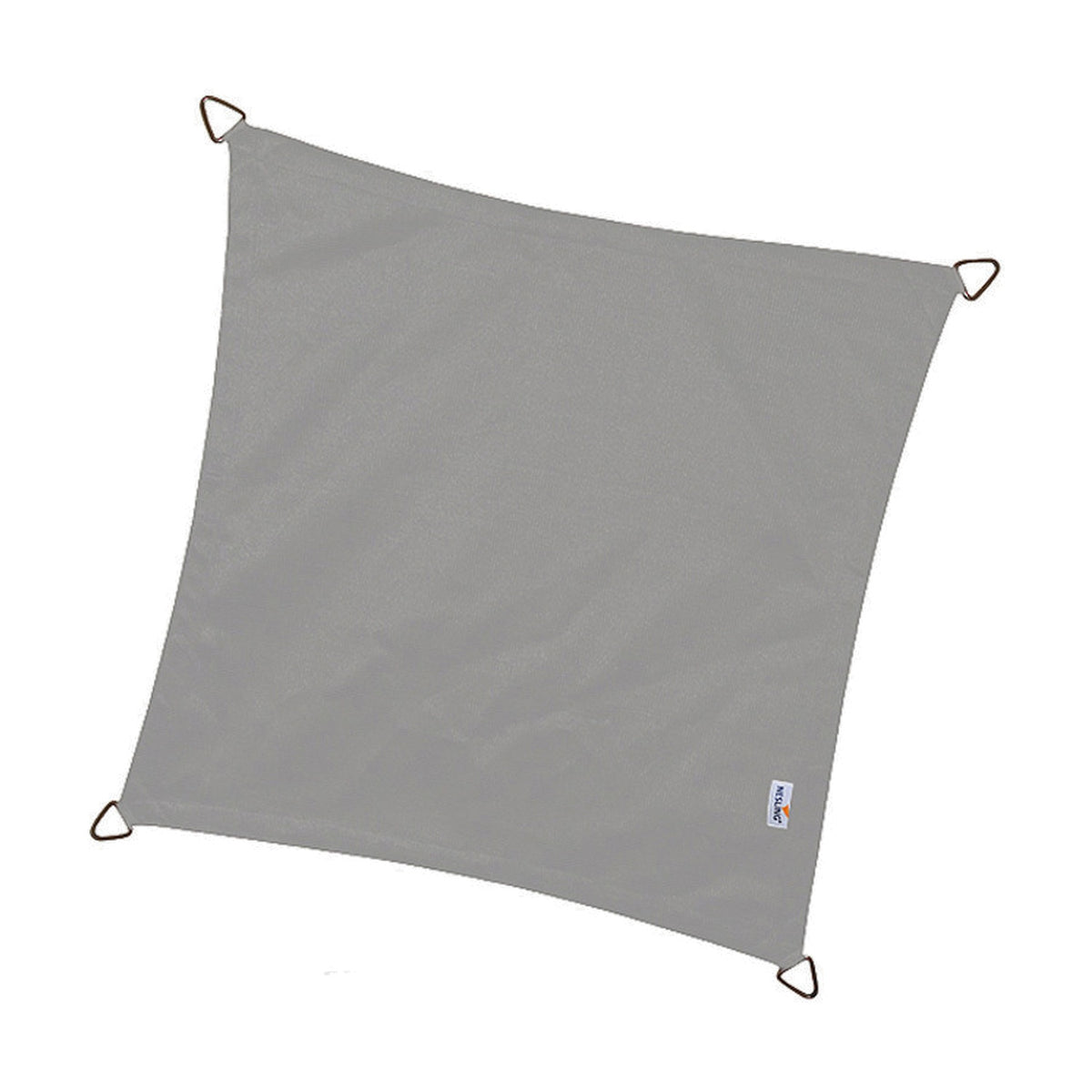 Square waterproof shade sail in grey fabric with reinforced triangular corner fittings, shown against a plain white background.