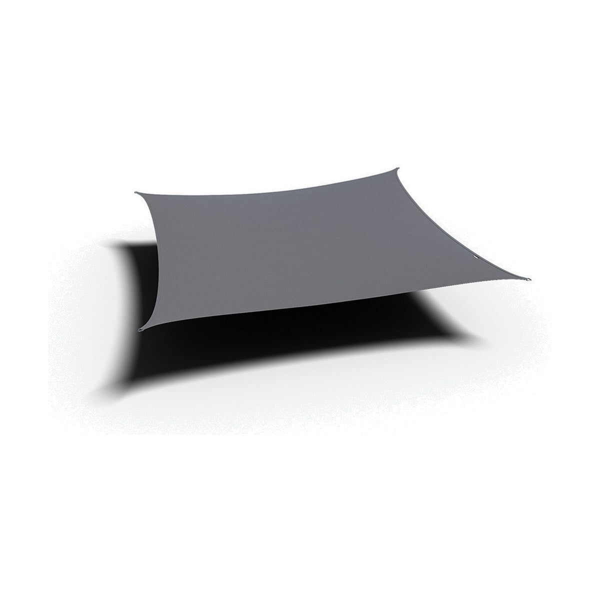 Square waterproof shade sail in grey fabric with corner eyelets, shown taut with a curved silhouette against a plain white background.