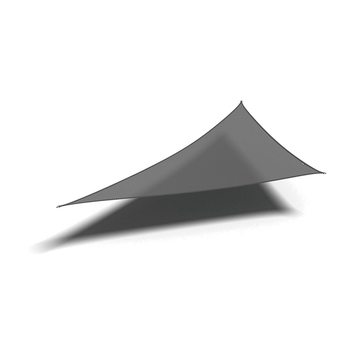 90 Degree Triangle Shade Sail in grey fabric with corner eyelets, shown suspended against a plain white background.
