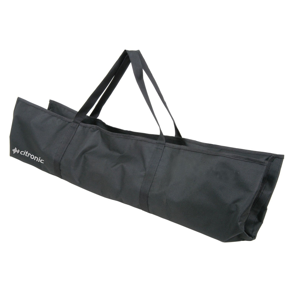 Introducing the Citronic Speaker Stand Carry Bag Small: a durable black transport bag, designed in a long rectangular shape with two sturdy handles. Crafted from heavy-duty material, it prominently displays the Citronic brand logo in white on its side, making it ideal for transporting speaker stands. The bag is conveniently slightly open at the top for easy access.