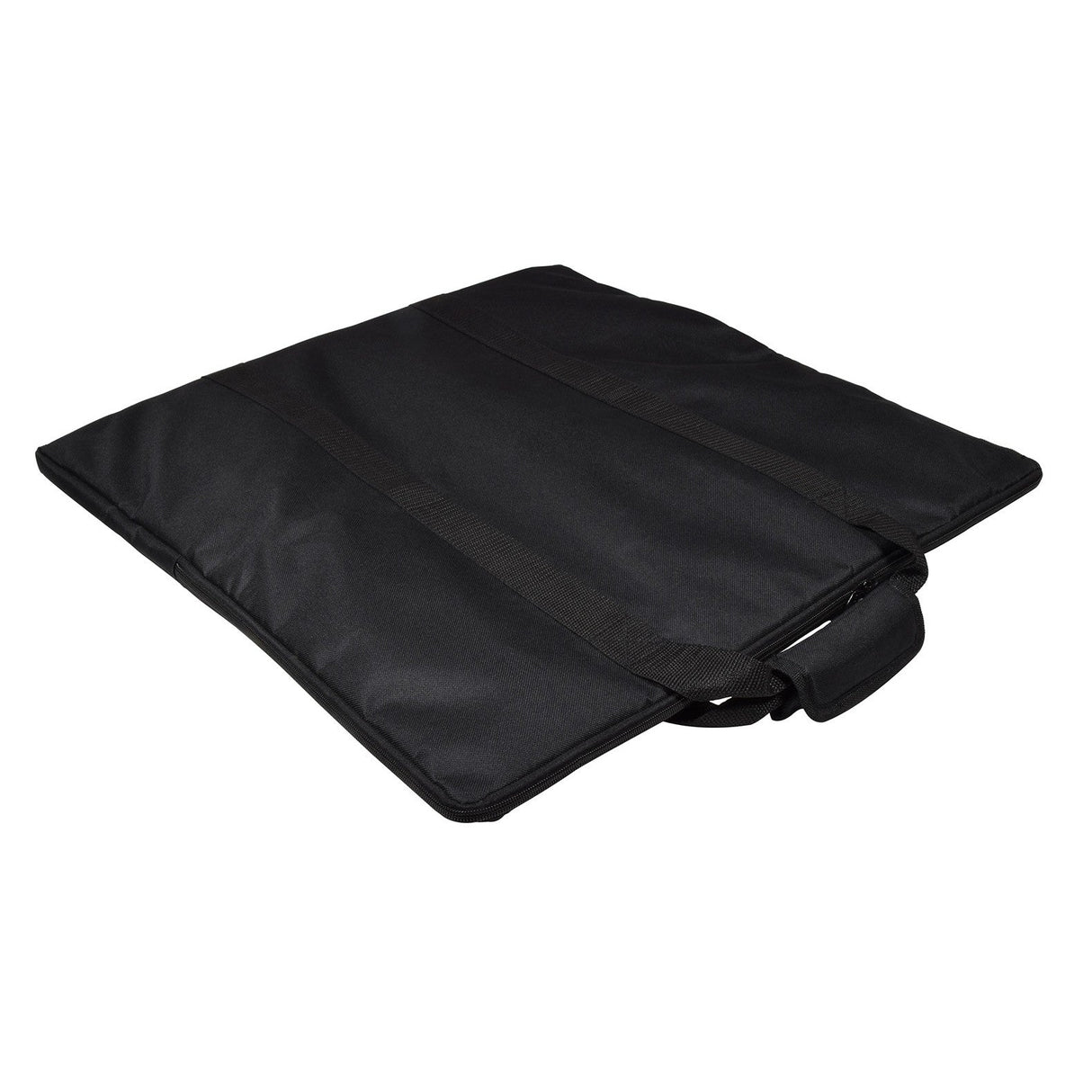 The QTX Square Base Stand Bag, a black, rectangular carrying case made from durable nylon, features two handles and a zipper. Its padded protection allows the bag to lie flat with its handles neatly arranged on top.