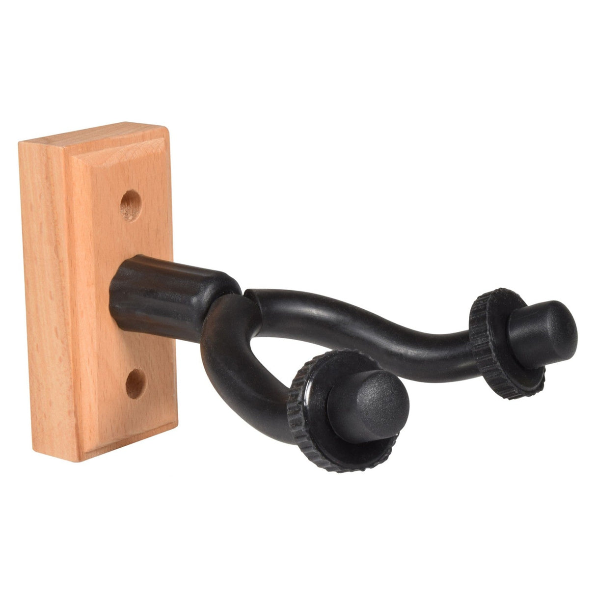 The Chord Wall Mount Guitar Hanger with Wooden Base features a chamfered wooden base and black rubberized hooks. The soft-grip neck holder ensures your instrument is cradled safely, while the upward-curving hooks provide secure support.