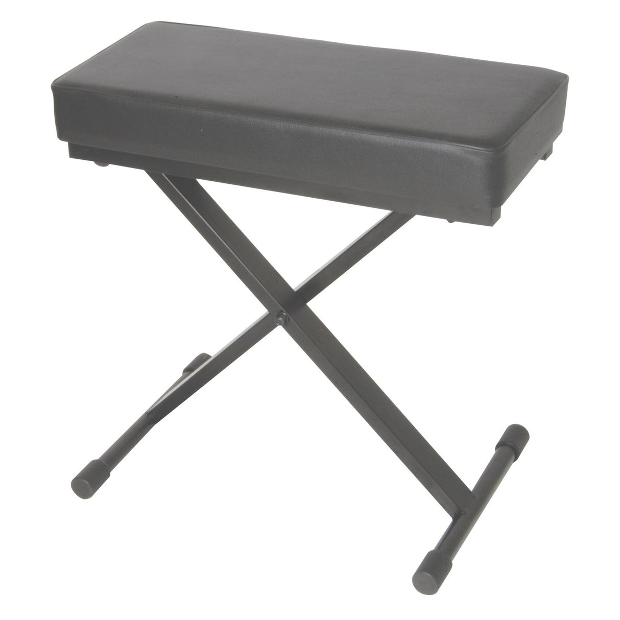 The Chord Deluxe Keyboard Bench is a black, foldable bench featuring a padded seat and an adjustable X-shaped metal frame.