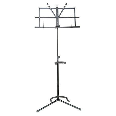 Introducing the Chord Music & Guitar Stand—a stylish black metal stand with an adjustable vertical post, tripod base, and a collapsible sheet holder that seamlessly blends functionality with ease of use. Its foldable design makes it effortlessly portable for musicians who are always on the move, all presented against a simple white backdrop.