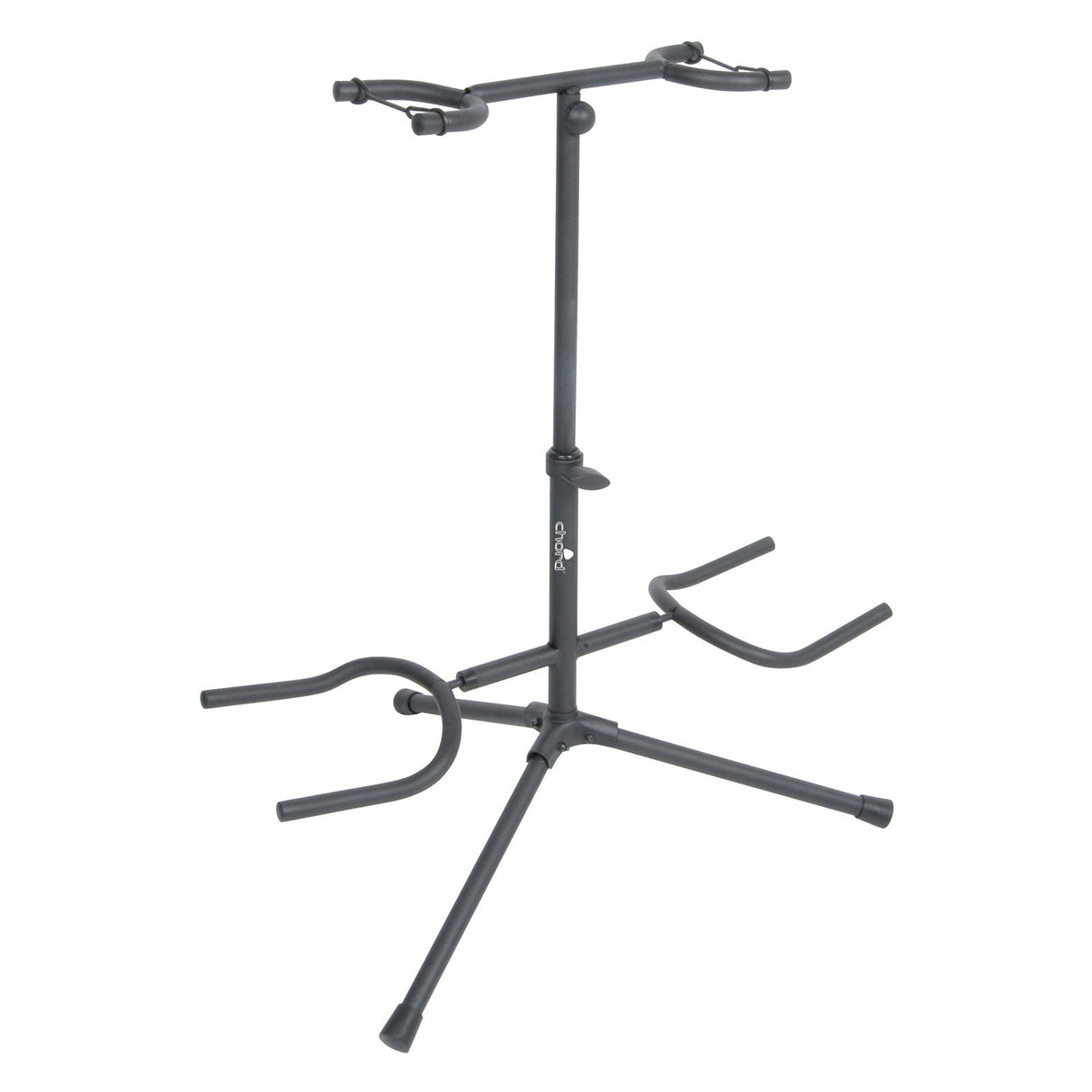 The Chord 2 Way Guitar Stand is a black metal tripod guitar stand featuring adjustable arms, a stable base, and rubber cushioned padding for secure holding. Designed to accommodate multiple guitars or basses, it includes adjustable neck support, all set against a plain white background.