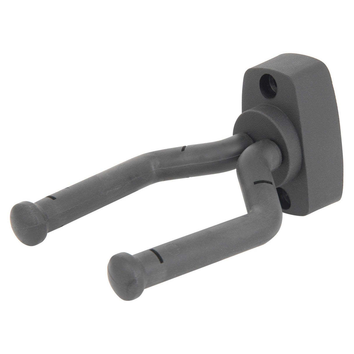 The Chord Rotating Guitar Wall Hanger is designed with a black rectangular base, two angled padded arms, and a pivoting neck holder for enhanced security.