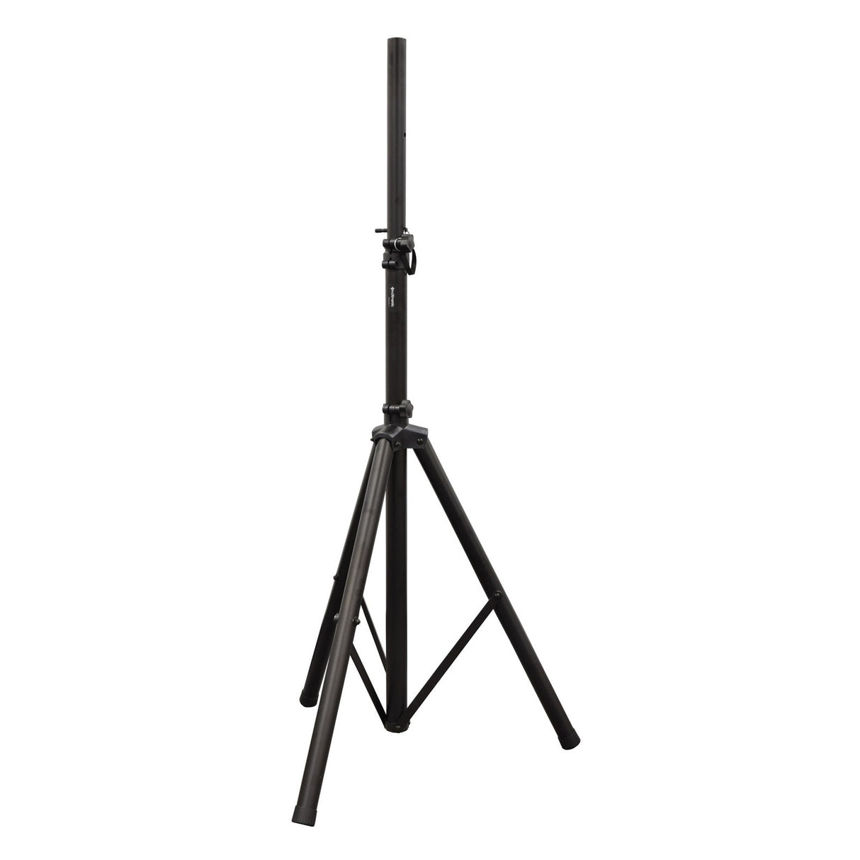 The Citronic Speaker Stand Aluminium is a sleek black stand made from high-quality aluminium, featuring three sturdy legs and a central extending pole. This height-adjustable tripod is perfect for supporting speaker cabinets or lights, combining functionality with modern aesthetics against a plain white background.