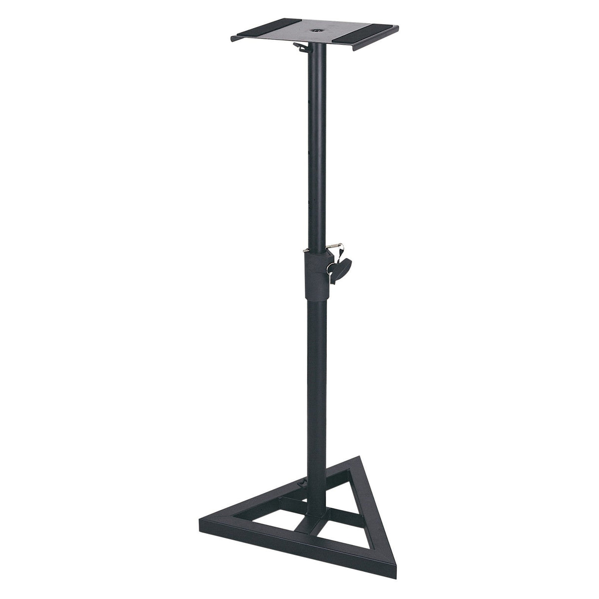 Introducing the QTX Monitor Speaker Stand, a perfect studio solution with a sleek black design. It features a triangular base and a sturdy metal platform on top, along with an easy-to-use height adjustment knob for optimal positioning.