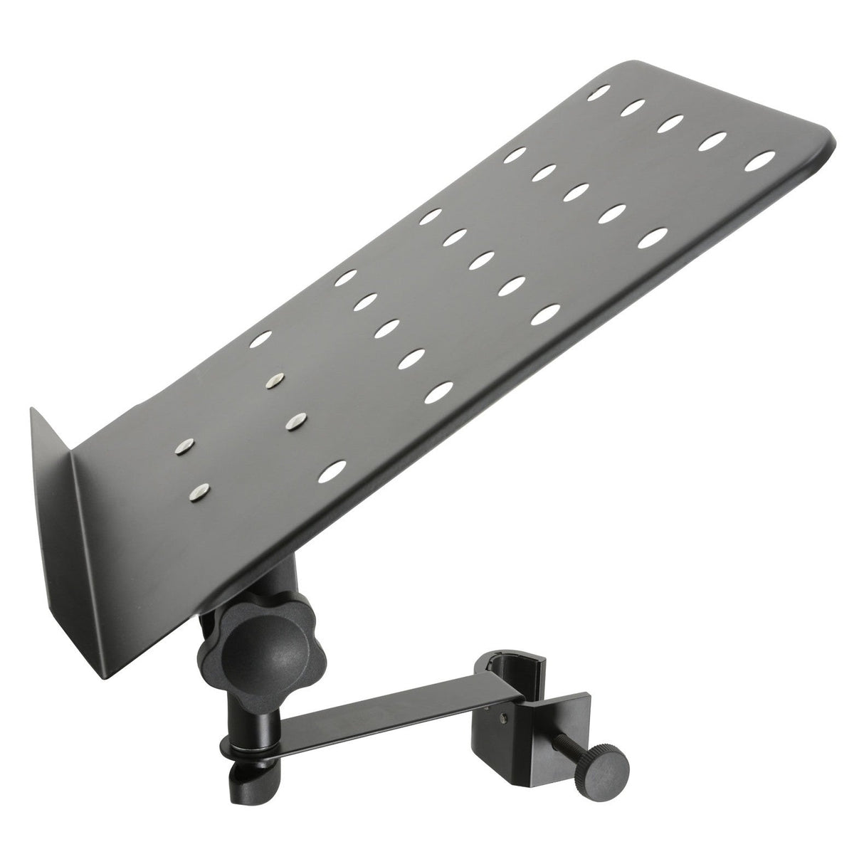 The QTX Clip-On Music/Tablet Stand is a black, perforated metal bracket equipped with an adjustable arm and a 360-degree rotation clamp for versatile mounting. Designed to support electronic devices or equipment, it boasts a sleek and minimalist design that seamlessly fits into any modern setup as a music or tablet shelf.