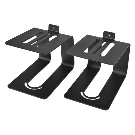 Two QTX Elevated Desktop Speaker Stands, crafted from black metal with a modern, minimalist design. They feature slotted cutouts for cable management and are ideal for supporting equipment like audio or nearfield monitor speakers. These stands boast a sleek, matte finish.
