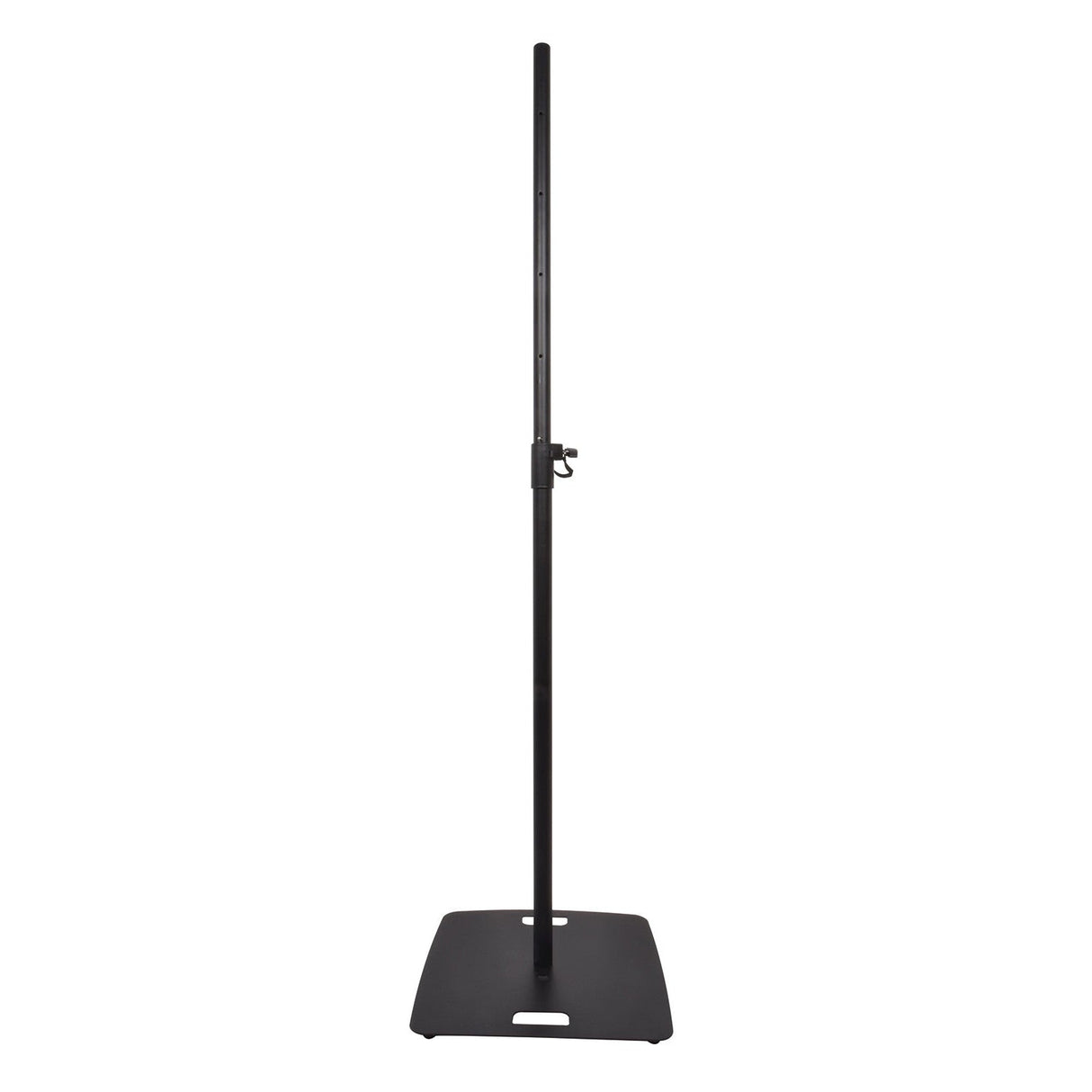 A side view of the QTX Speaker Stand with a square steel base in black, positioned against a white background.