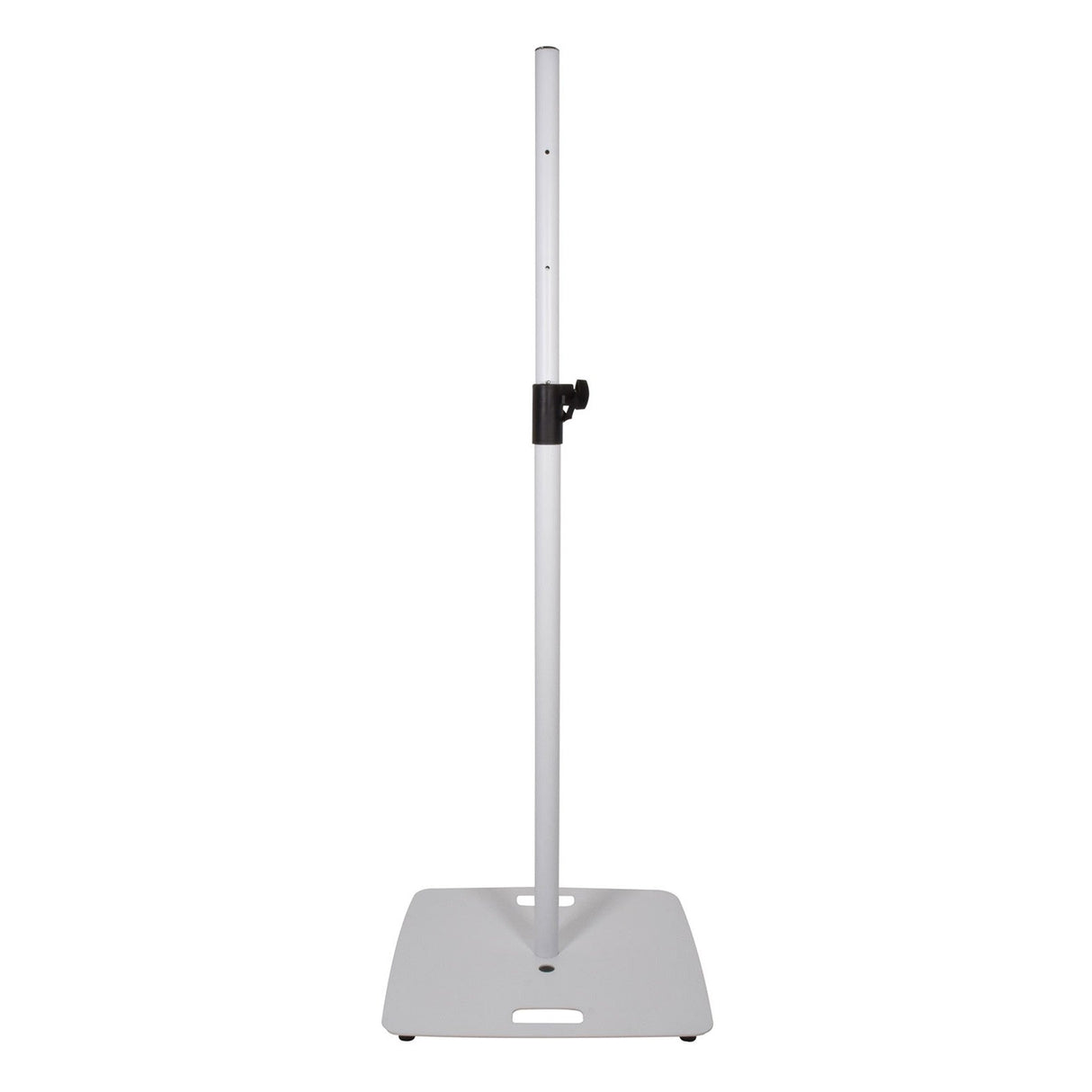 The QTX Speaker Stand With Square Base - White includes a gray adjustable metal design, featuring a steel square base with rounded corners and a small handle cutout. A knob on the vertical pole allows for easy height adjustment, all set against a plain white background.