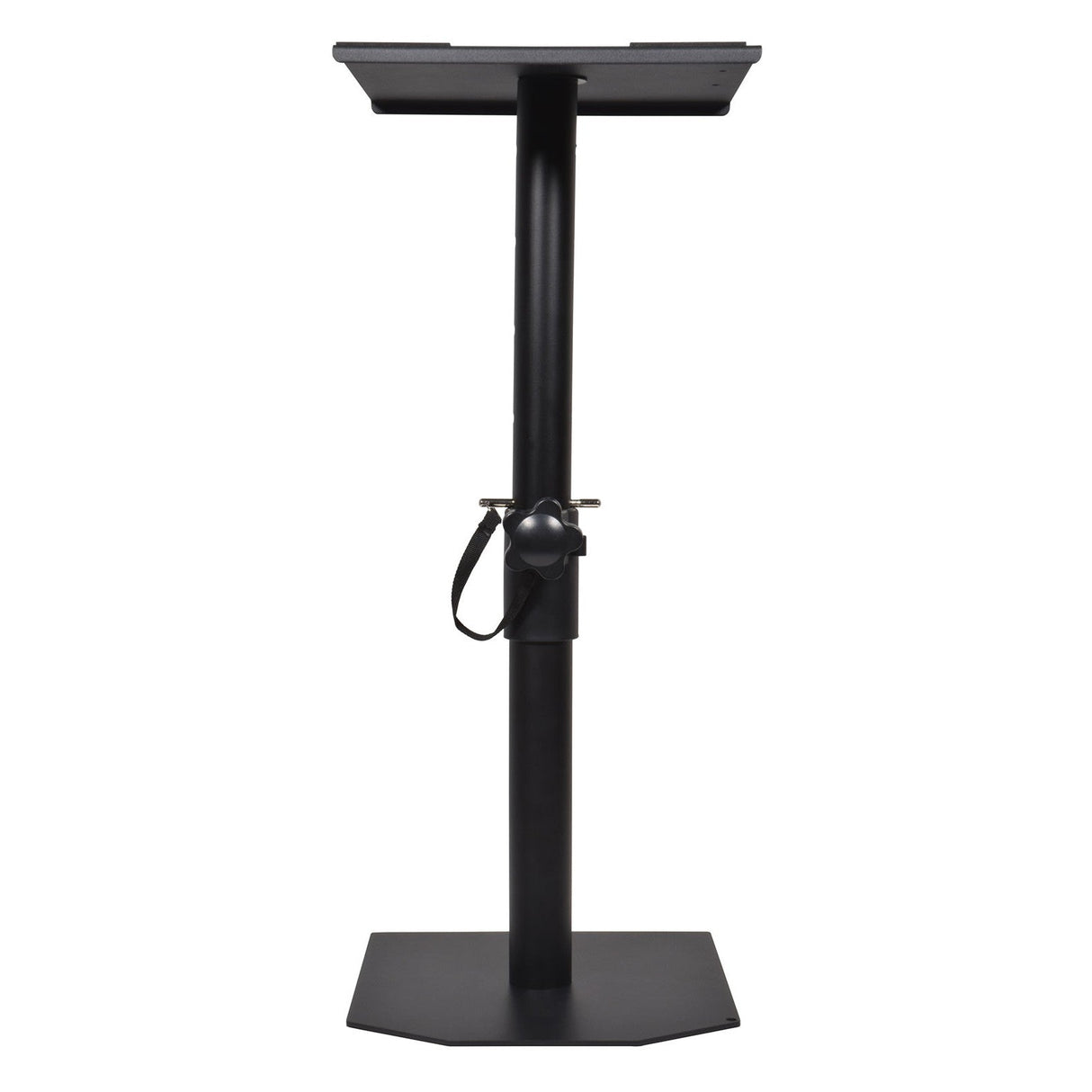 The QTX Adjustable Monitor Floor Stand is a black stand with a wide base and a top mounting platform designed to securely hold studio monitors. It features a height adjustment knob and includes a cable management clip, making it an ideal addition to any audio setup.