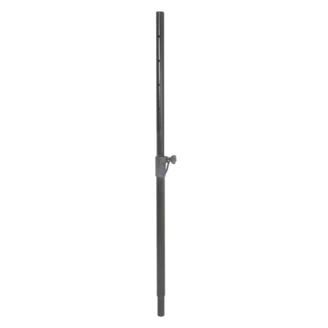 The QTX Telescopic Speaker Pole is a black extendable pole featuring a securing knob in the middle, ideal for mounting speakers or satellite cabinets, isolated on a white background.