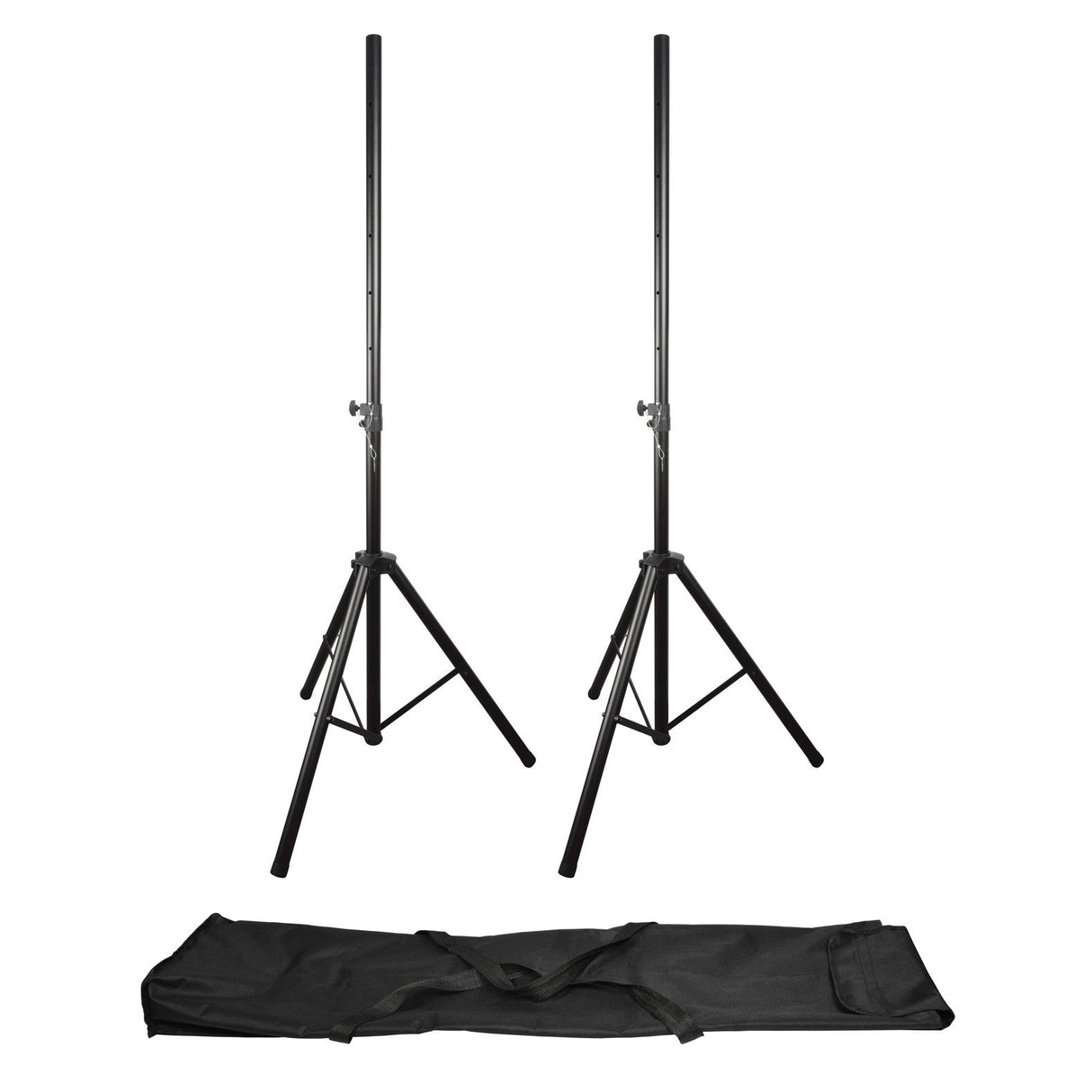 A pair of QTX Speaker Stand Kits, featuring two height-adjustable black stands capable of supporting up to 35kg each, are arranged side by side. Beneath them lies a black carrying bag designed for convenient transport. The steel stands and bag are displayed against a plain white background.