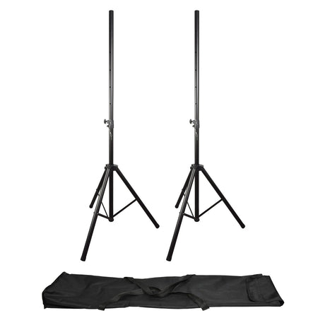 A pair of QTX Speaker Stand Kits, featuring two height-adjustable black stands capable of supporting up to 35kg each, are arranged side by side. Beneath them lies a black carrying bag designed for convenient transport. The steel stands and bag are displayed against a plain white background.