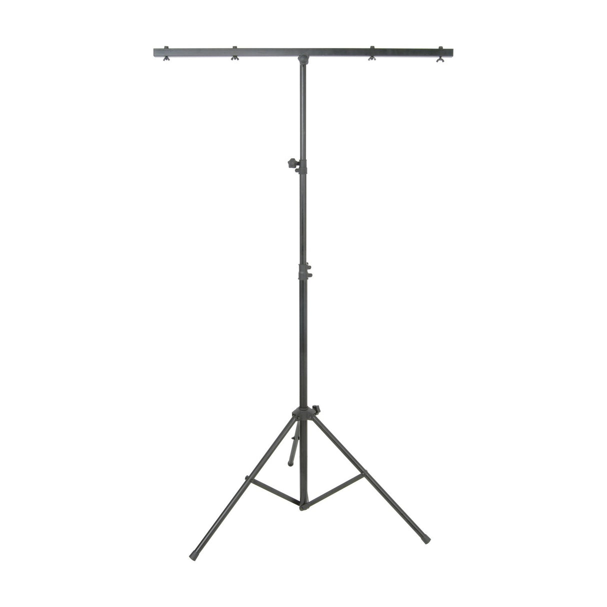 QTX LT01 lightweight black lighting stand with 1m T-bar crossbeam, aluminium central column and steel tripod base, shown on a plain white background.