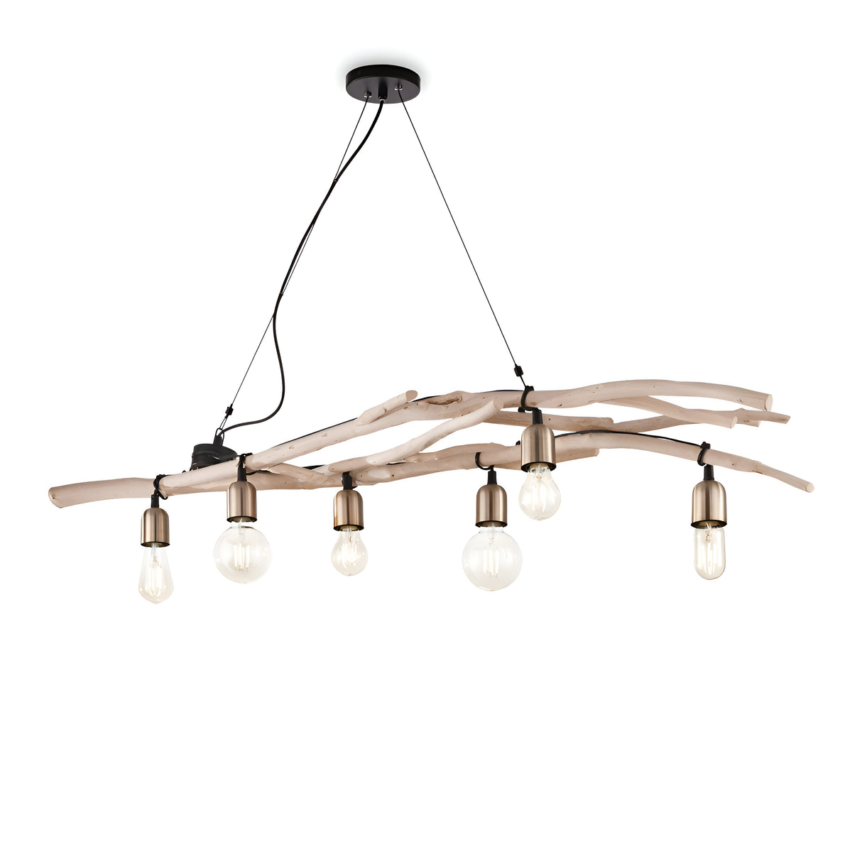 The Zone 6 Linear Suspension Light in light brown combines modern elegance with a rustic design, showcasing multiple light bulbs attached to a linear frame that resembles natural wood branches. Its minimalist aesthetic and exposed bulbs offer warm ambient lighting.