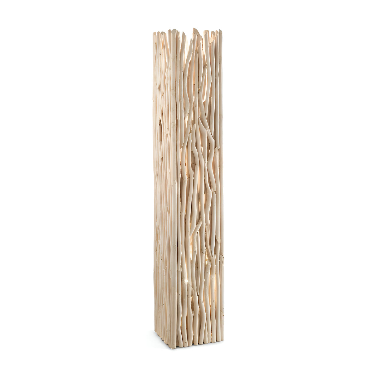 The Zone Small Wood Floor Lamp in light brown features a tall, rectangular design with vertical, wavy lines that mimic natural wood branches. It boasts a light beige color and intricate, organic textures that evoke a rustic contemporary style, standing elegantly against a plain white background.