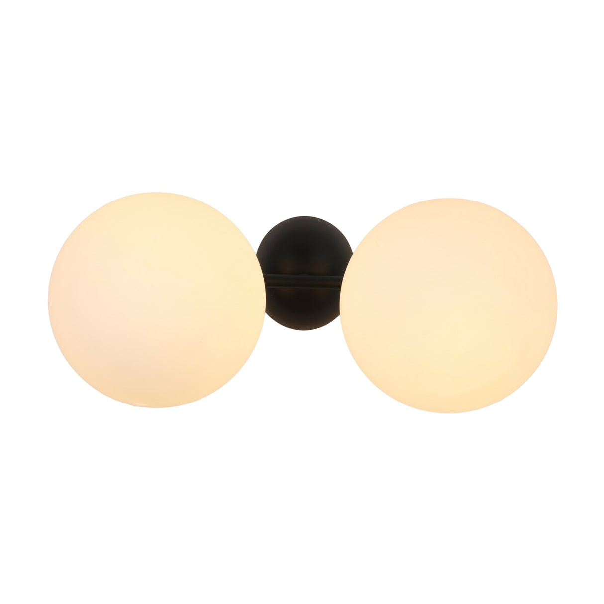 The Vetra 2 Light Opal Glass Wall/Semi-Flush Ceiling Light in Black features two large frosted globes on a black circular base, showcasing modern minimalist style against a white background.