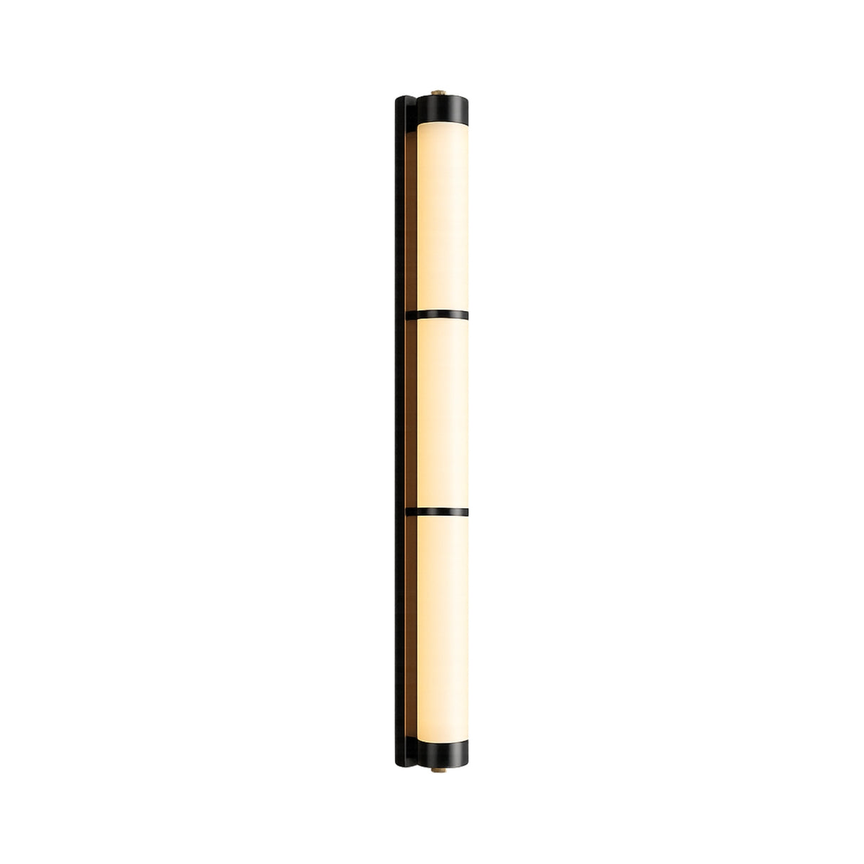 The Arelis LED Linear Alabaster Wall Light in Soft White & Black features a tall, narrow cylindrical shape with a warm beige diffuser and black metal bands, shown on a white background.