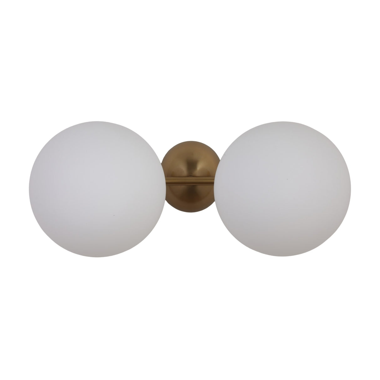 The Vetra 2 Light Opal Glass Wall/Semi-Flush Ceiling Light in gold features two large round opal glass globes on a sleek central brass fixture, ideal for contemporary interiors.