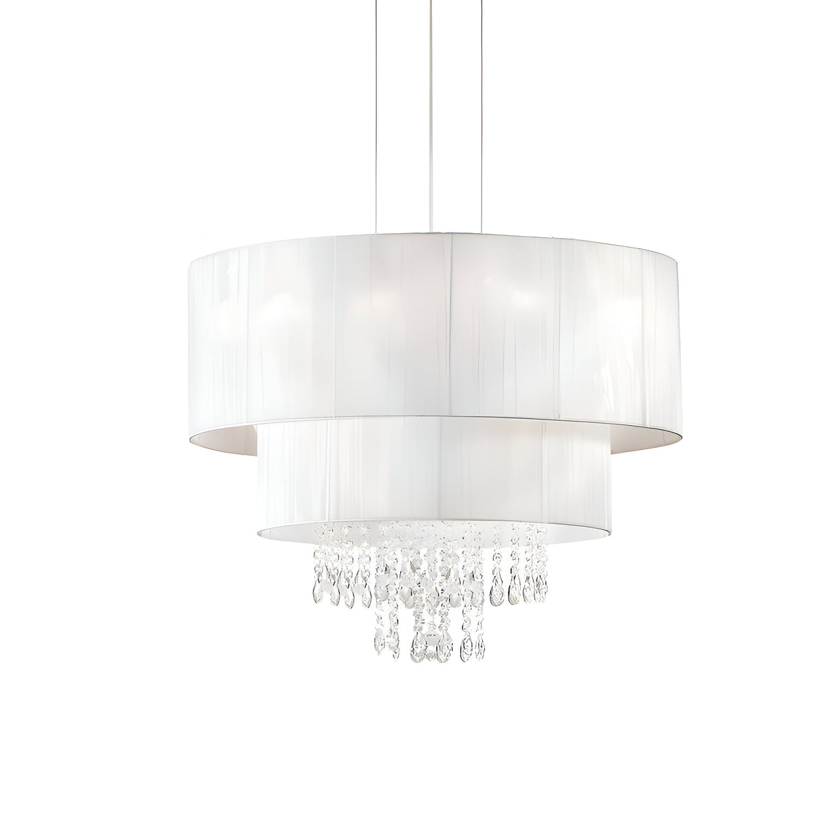 The Brillis Crystal 4 Light Chandelier - White is a modern décor piece with two white circular fabric drum shades and shimmering crystal accents, elegantly suspended from a single rod.