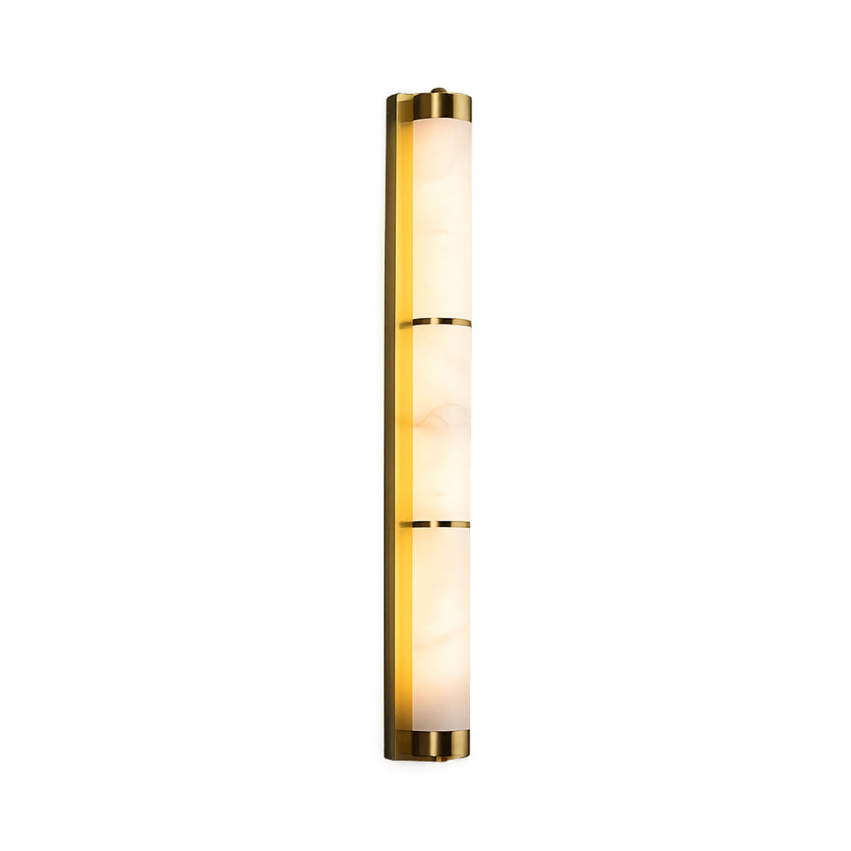 The Arelis LED Vertical Alabaster Wall Light features a long, three-section frosted shade with brushed brass bands, mounted vertically in a soft white finish.