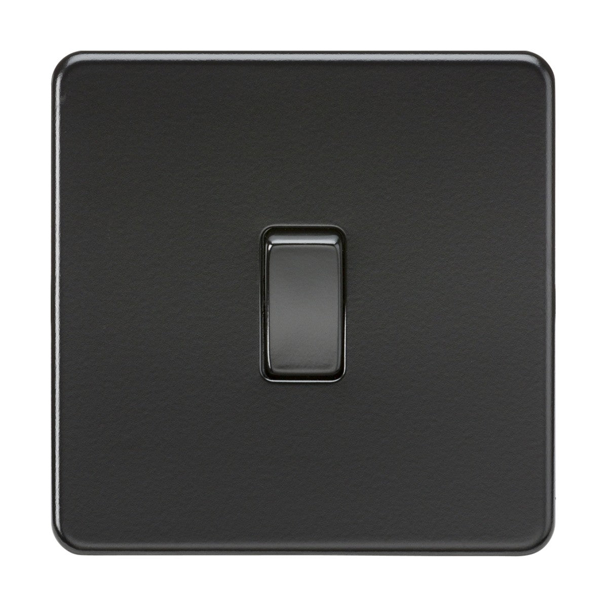 The 10AX 1 Gang Intermediate Switch - Matt Black (Screwless) with a central toggle and sleek black square design, featuring a matt black finish, stands out against the white background.