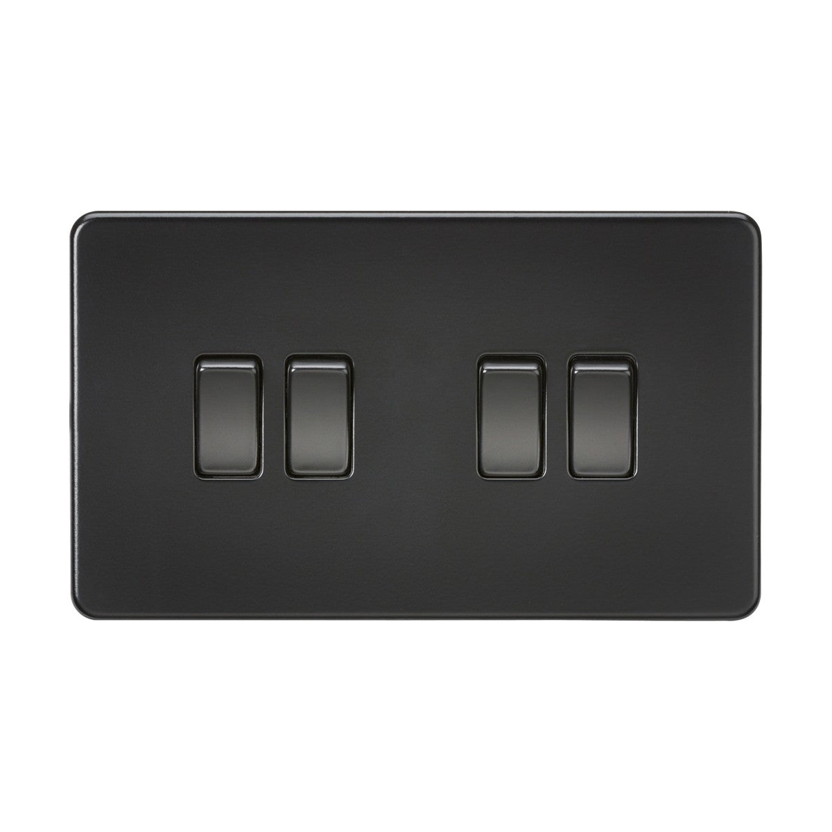 A sleek matt black light switch panel featuring four rectangular 10AX 2-way switches, noted for their modern, minimalist design. The screwless low-profile switches are arranged horizontally on a smooth rectangular plate, as seen in the 10AX 4 Gang 2-Way Switch - Matt Black (Screwless).