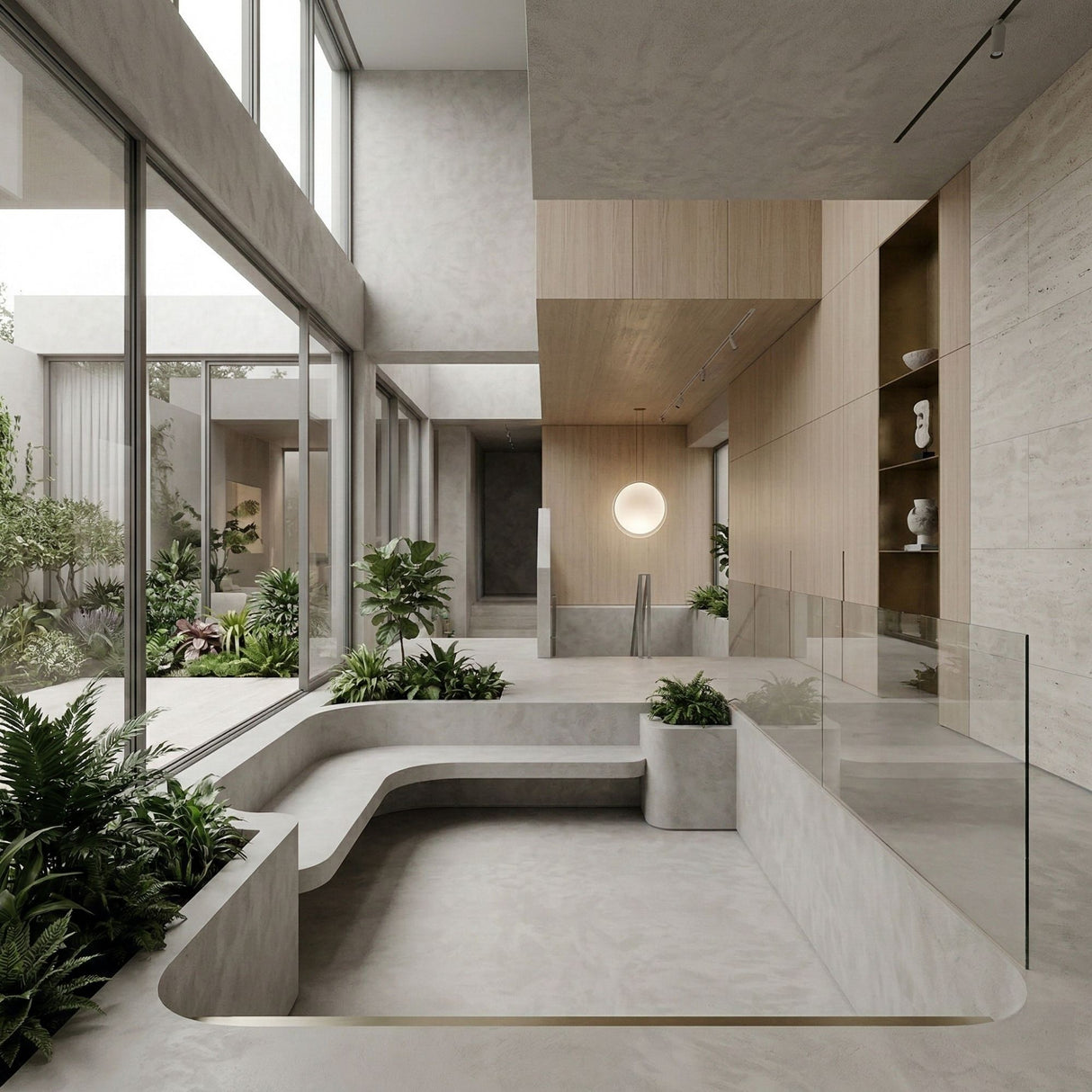 A modern, minimalist indoor space features smooth concrete surfaces, built-in seating, wood accents, floor-to-ceiling windows, and lush plants. The Cosmos LED Large Pendant Light serves as a sculptural focal point amid the serene natural light.