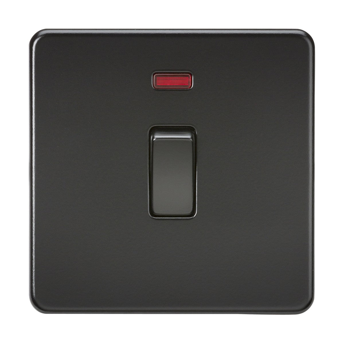 The 20A 1 Gang DP Switch Neon - Matt Black (Screwless) features a sleek rectangular design with a small red indicator light above the double pole switch, all centered on a plain black square plate.