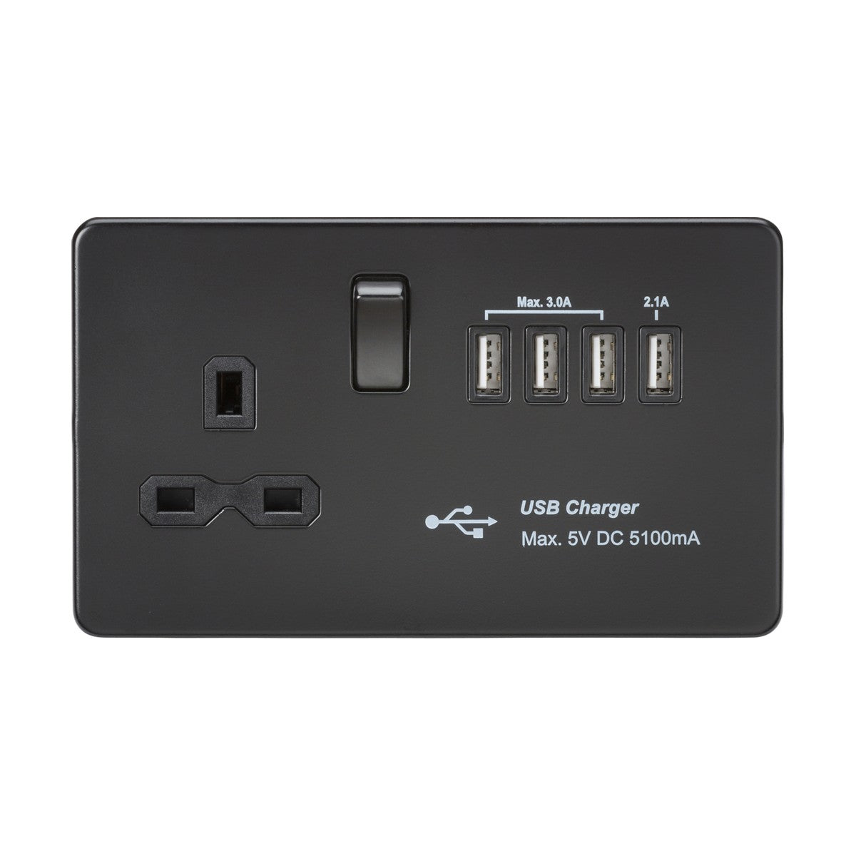 13A Switched Socket with Quad USB-A (5V DC 5.1A shared) - Matt Black with Black Insert