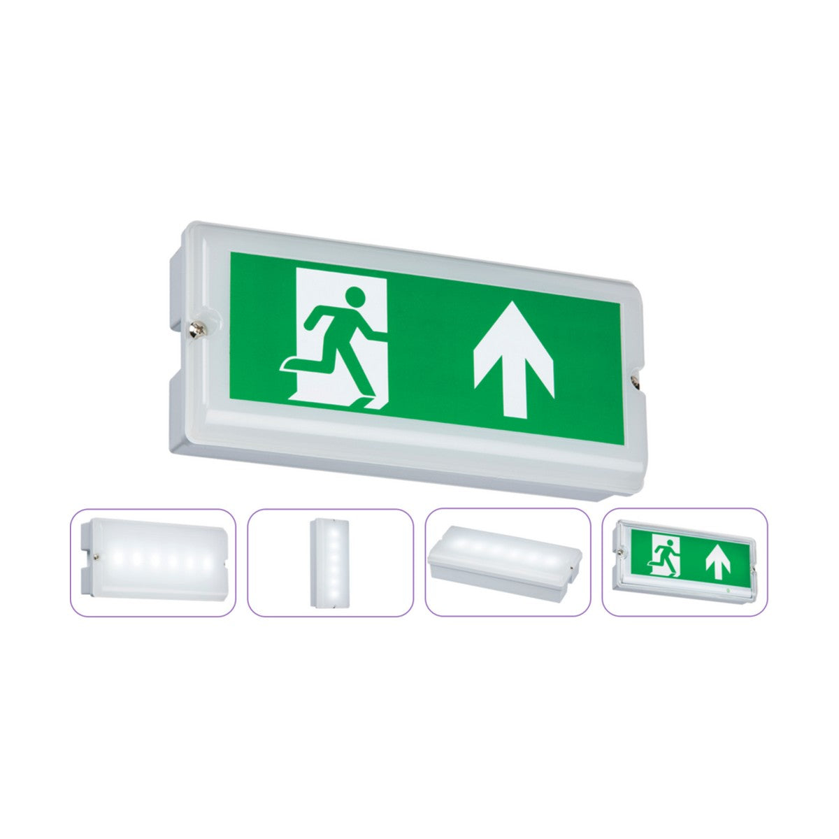 The Indoor & Outdoor 3W LED Emergency Bulkhead (Maintained or Non-Maintained Use) is a green emergency exit sign featuring an ultra slim design with a running figure and an upward arrow. It offers various angles and illuminated views, ensuring clarity and durability with its IP65 rating for direction indication.