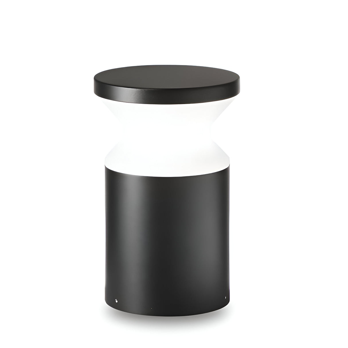 Introducing the Radiantix Outdoor Bollard Light in black, measuring 22cm. It boasts a modern cylindrical structure crafted from durable turned aluminum, featuring a sleek hourglass design. Its wider top and base are seamlessly connected by a narrower middle section, offering a contemporary aesthetic.
