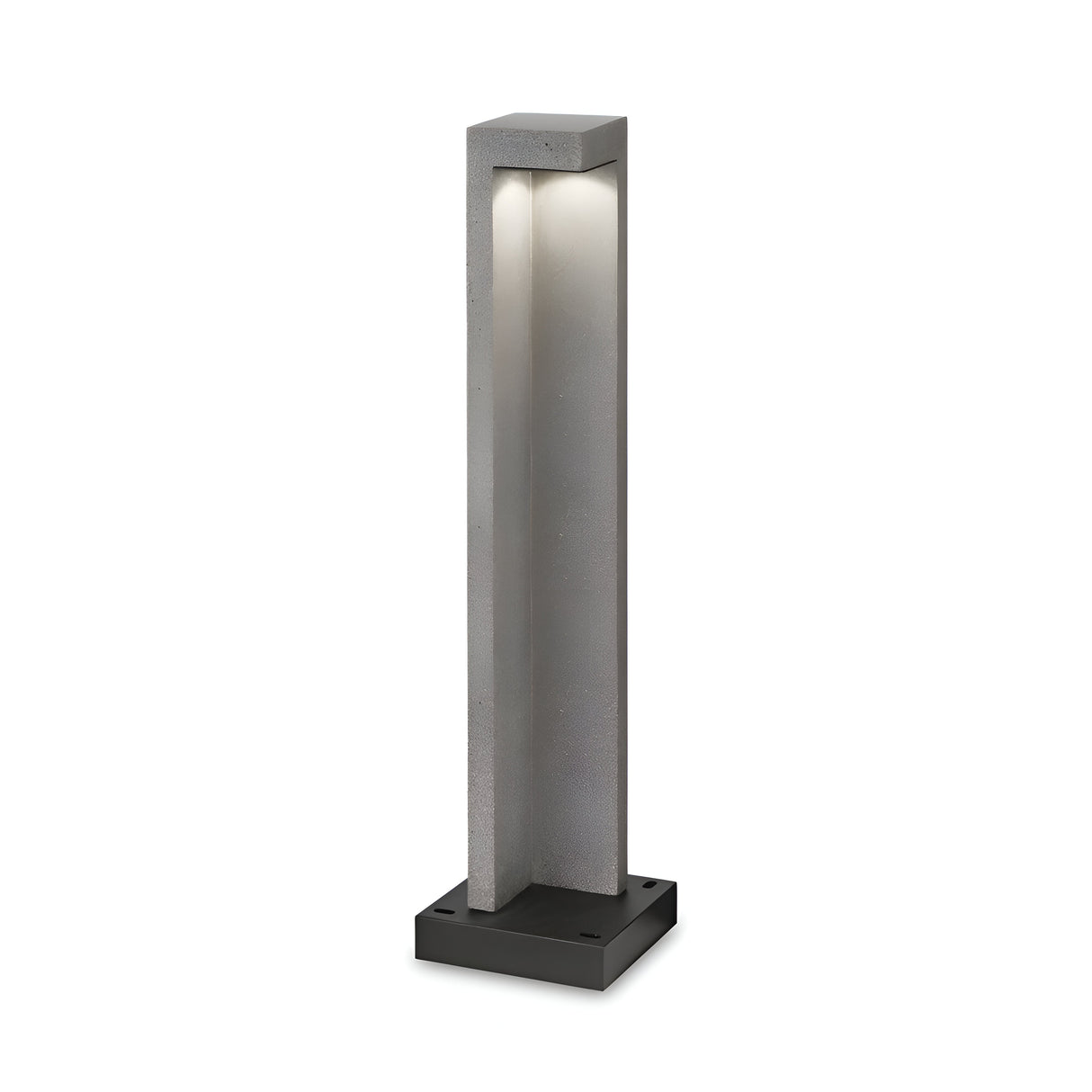 The Starry Outdoor LED Bollard Light 9W 4000K in Grey, measuring 74cm, features a modern, rectangular design with a minimalist appearance and a concrete-like grey finish. It is supported by a black square base and provides energy-efficient lighting from the top, casting light downwards. This weather-resistant outdoor lighting piece is ideal for any setting.