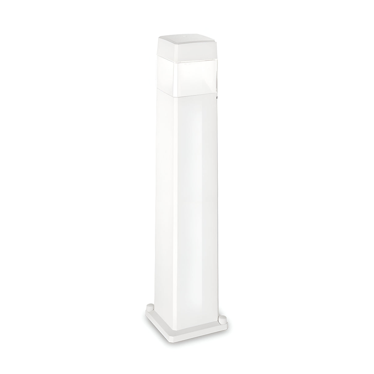 The Fluxen Outdoor Bollard Light - White features a tall, rectangular design with a square base and is ideal for outdoor use. Its minimalist style is enhanced by the dimmable GX53 bulb it houses, all showcased on a plain white background.