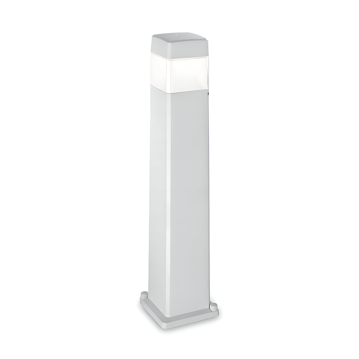 The Fluxen Outdoor Bollard Light - Grey is a tall, rectangular fixture made with durable aluminum. It features an IP55 rating and a frosted white top section designed for illuminating pathways or gardens. Its sleek, modern design includes a sturdy base and a smooth gray finish.