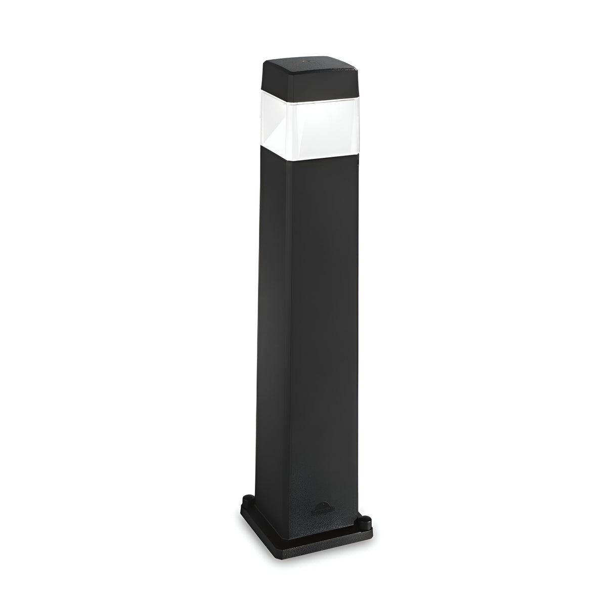 The Tower Outdoor Bollard Light - Black is a tall, modern outdoor fixture made from corrosion-resistant resin. It has a square base and a white frosted top for illumination, standing upright against a plain white background.
