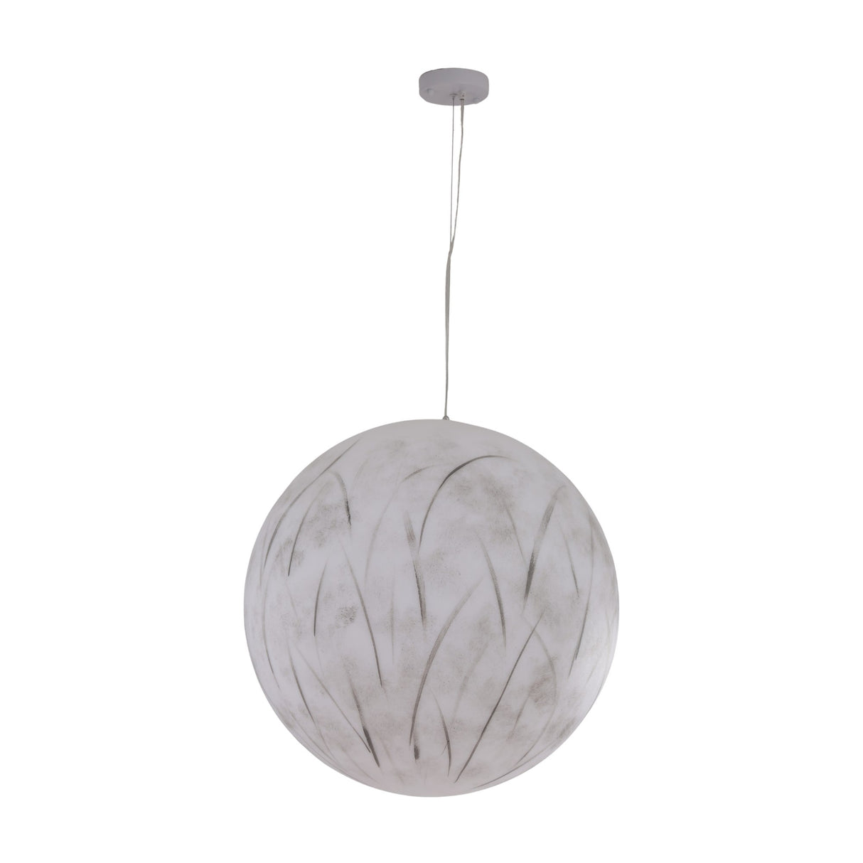The Lunar Pendant Light - White is a round moon-inspired pendant with subtle gray leaf patterns, hand-painted for uniqueness, suspended gracefully by a thin wire from a compact ceiling mount.